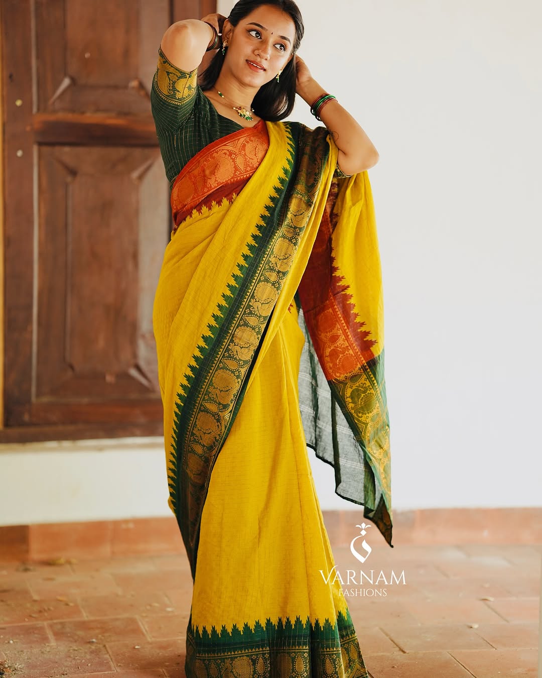 Mustard Ganga Jamuna Sungudi Cotton Saree