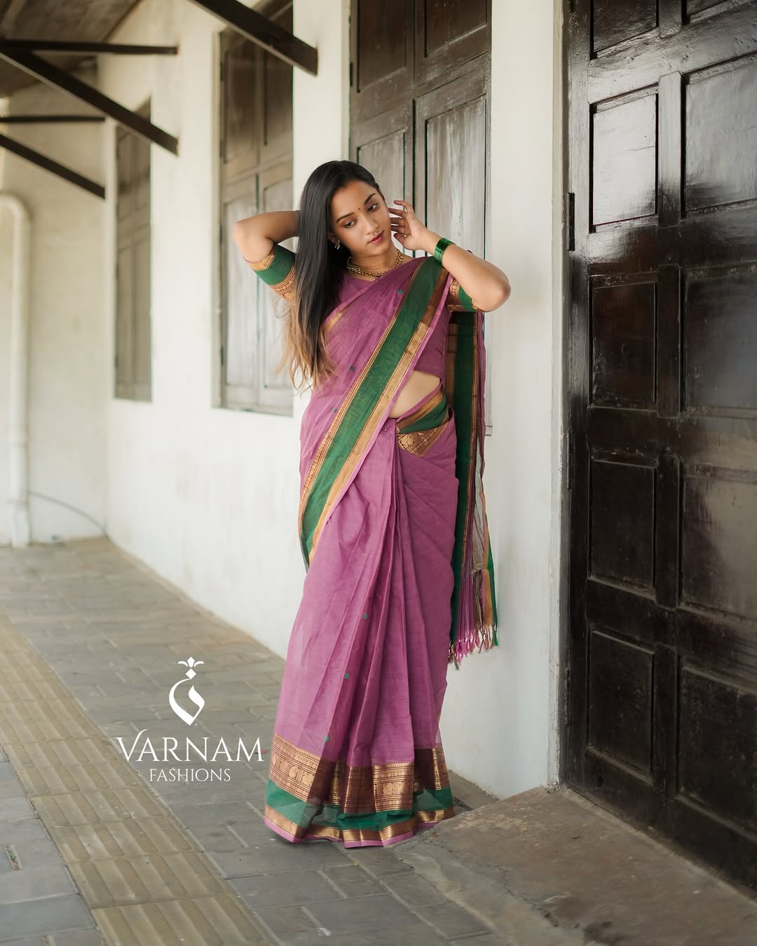 Pink With Green Kanchi Cotton Saree