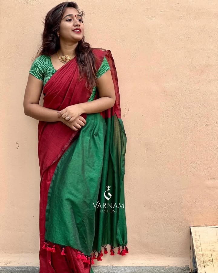 Red With Green Khadi Cotton Saree