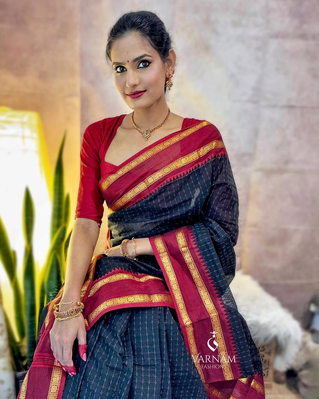 Black With Red Kanchi Cotton Saree