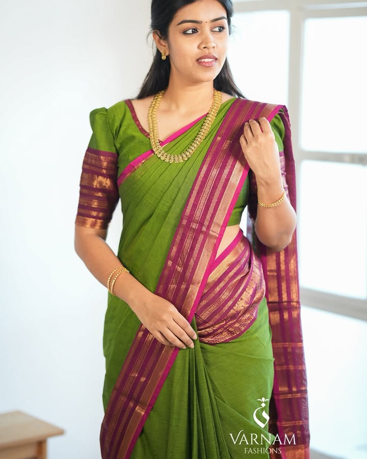 Green With Pink Border Kanchi Cotton Saree