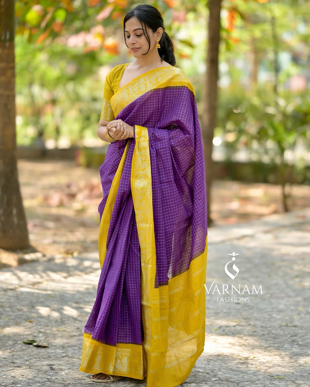 Purple With Mustard Silver Zari Kattam Sungudi Cotton Saree