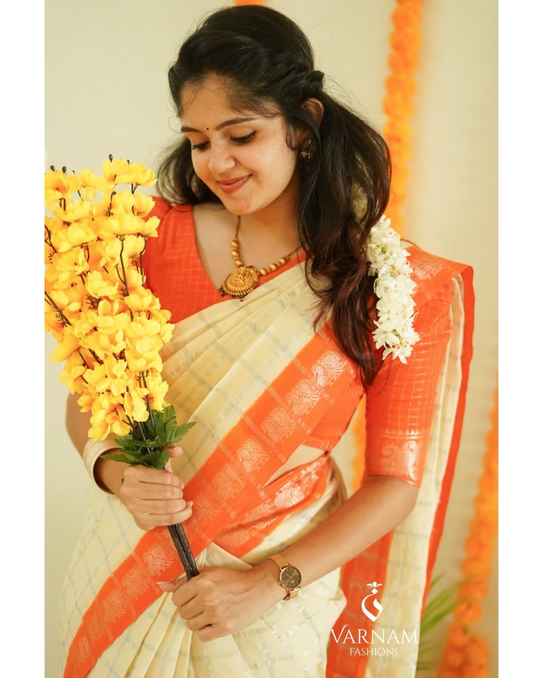 Cream With Orange Silver Pavithra Kattam Sungudi Cotton Saree