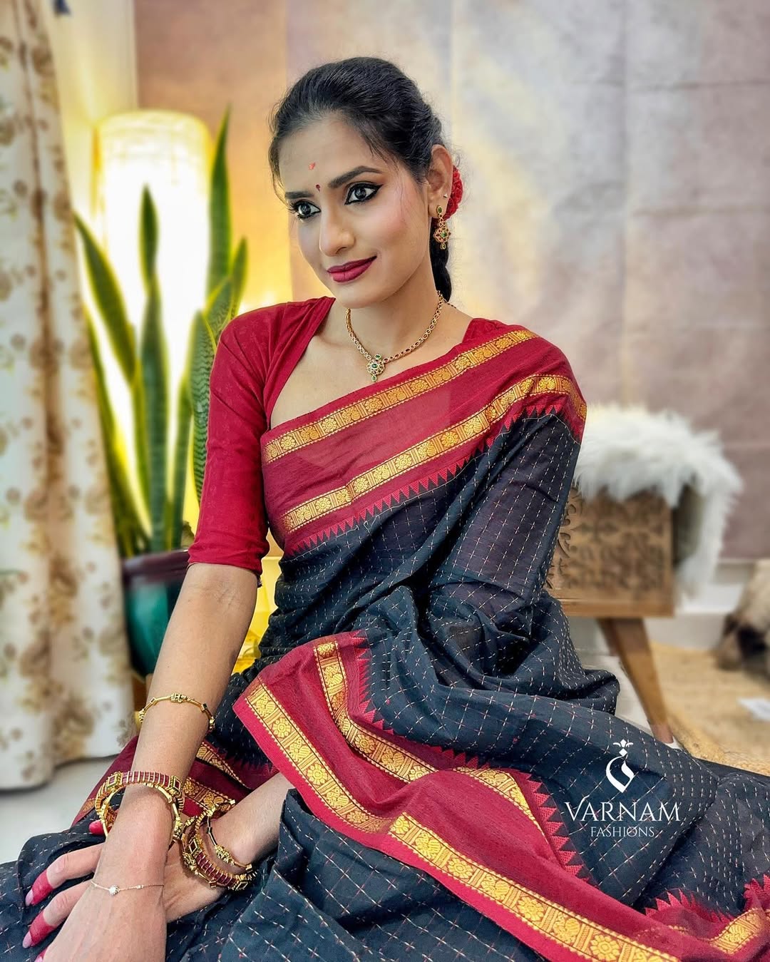 Black With Red Kanchi Cotton Saree