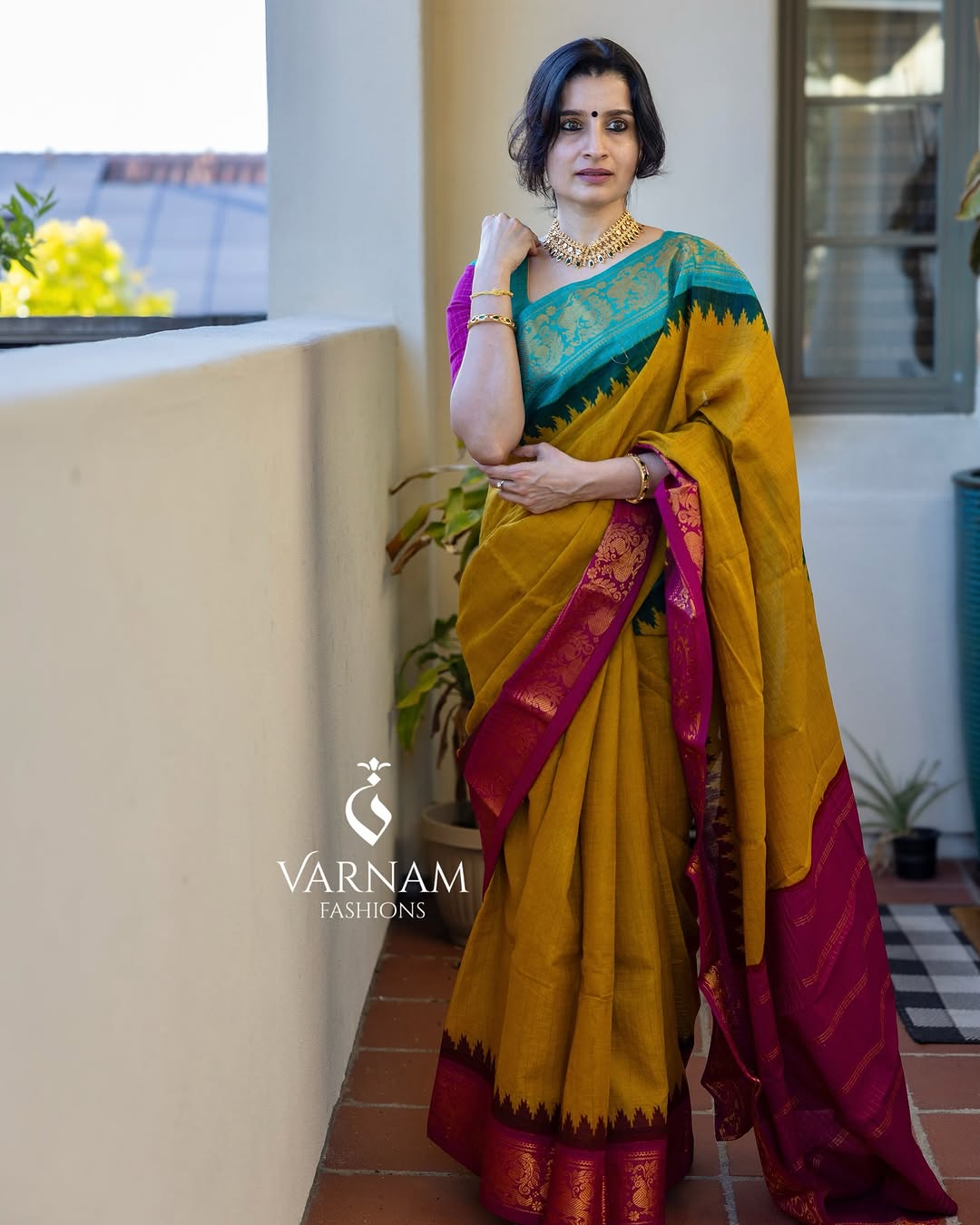 Mustard Sungudi Cotton Saree With Pink & Ramagreen Ganga Jamuna Border