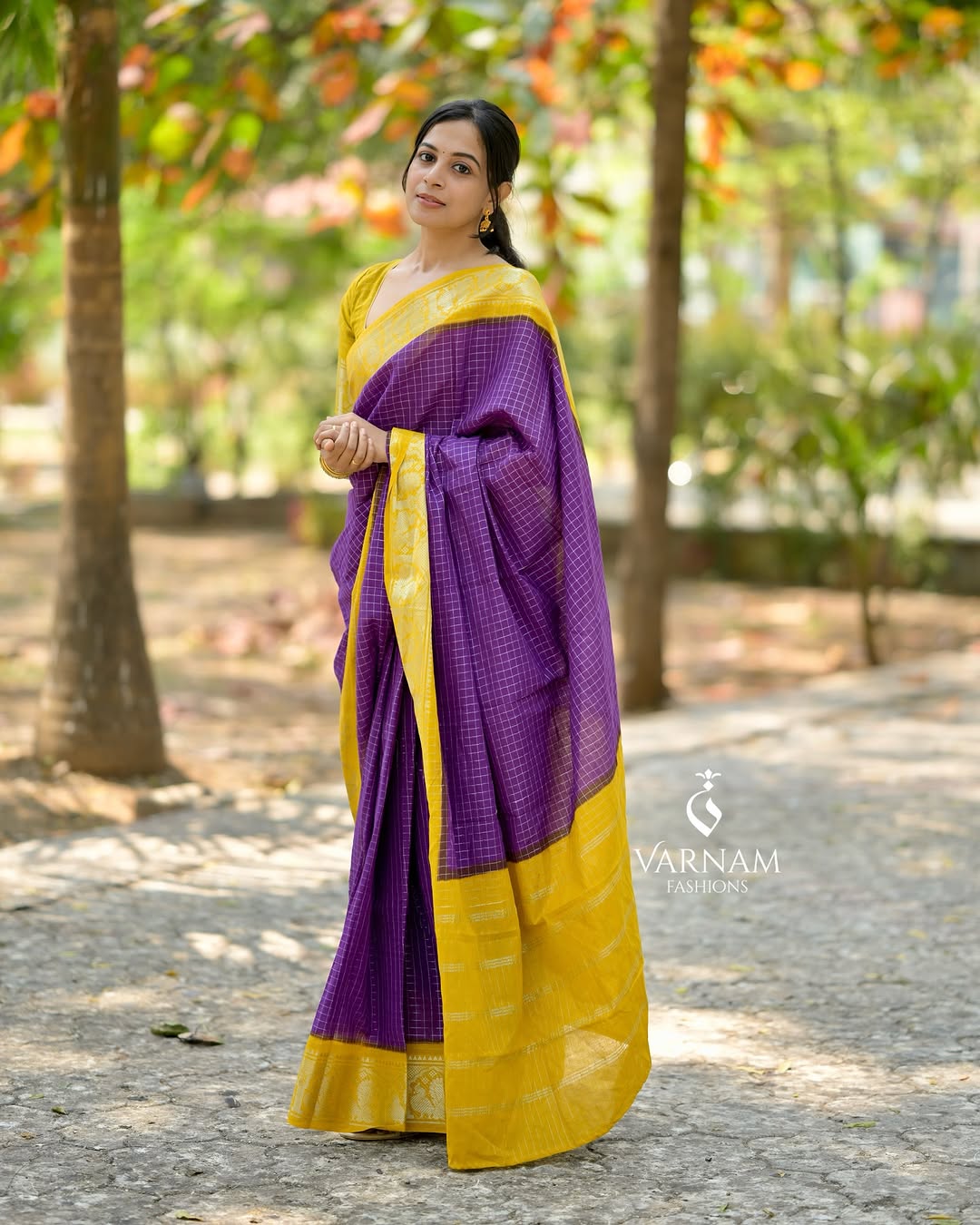 Purple With Mustard Silver Zari Kattam Sungudi Cotton Saree