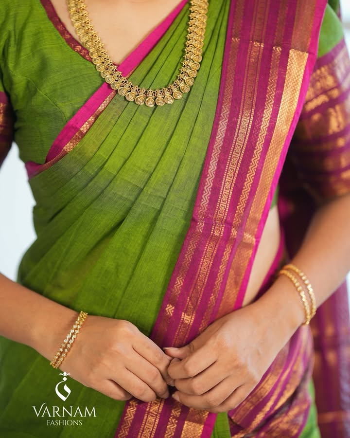 Green With Pink Border Kanchi Cotton Saree
