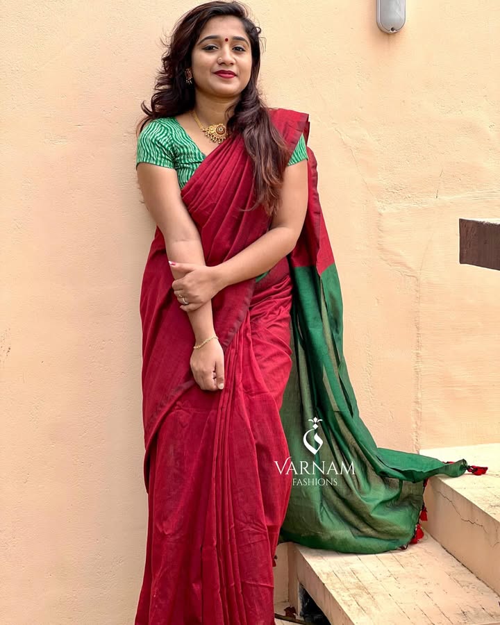 Red With Green Khadi Cotton Saree