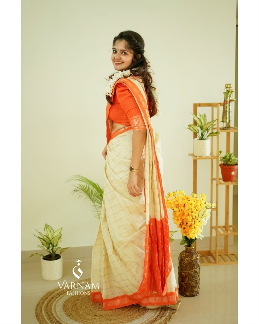 Cream With Orange Silver Pavithra Kattam Sungudi Cotton Saree