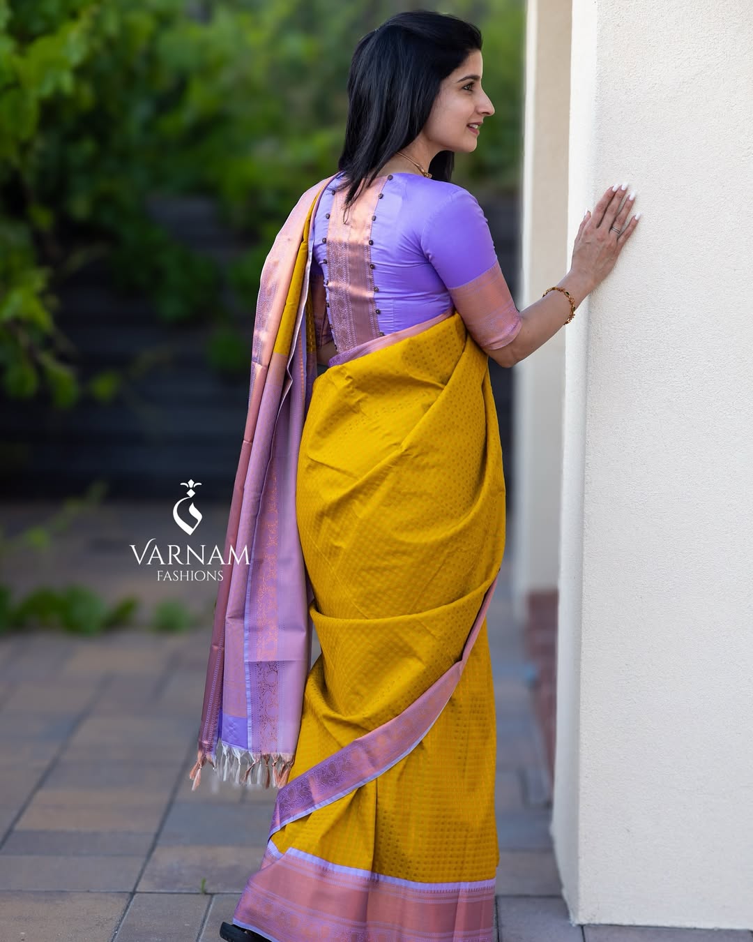 Yellow With Lavender Premium Semi Kanchi Silk Saree