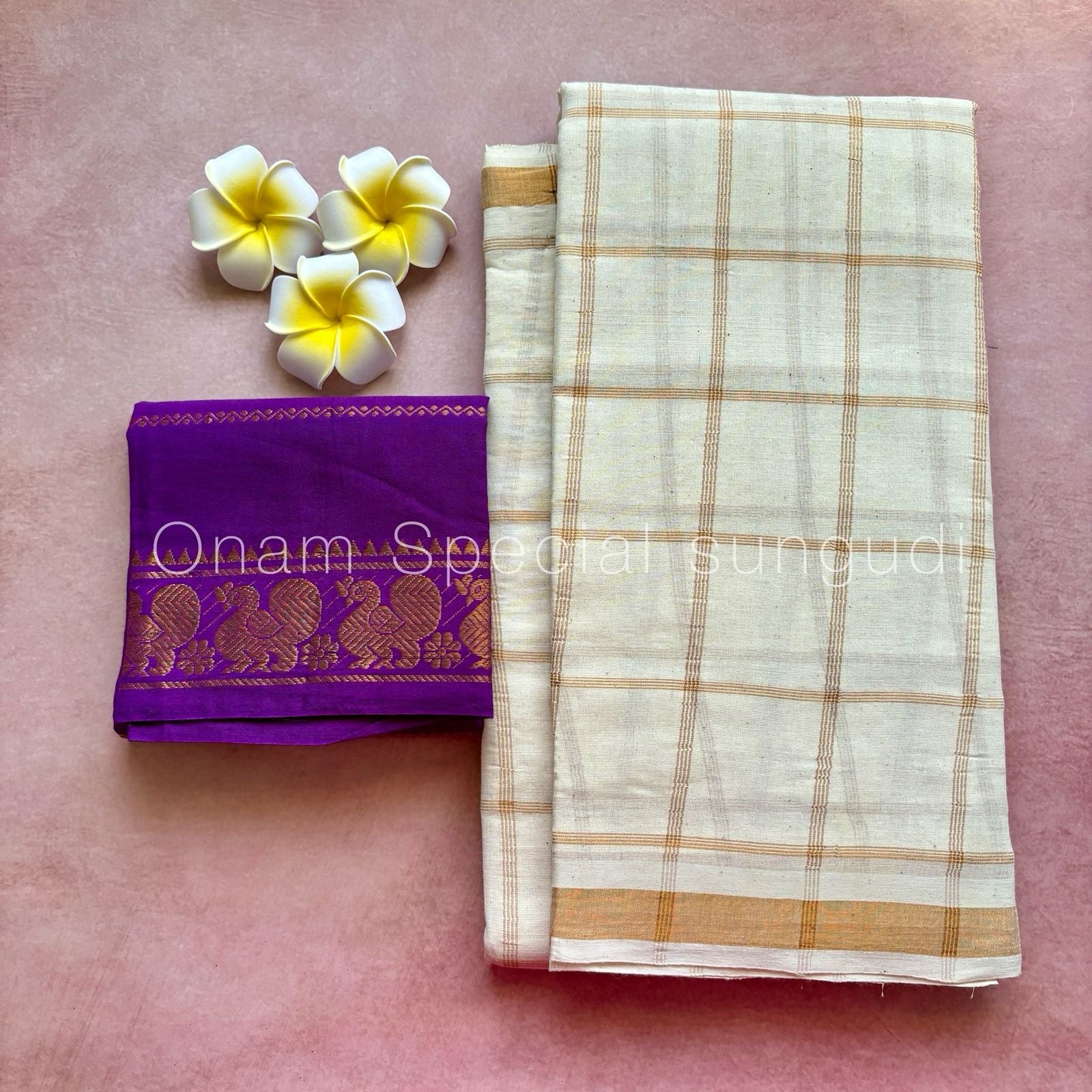 Onam Halfwhite Vanaja Kattam Sungudi Cotton Saree
