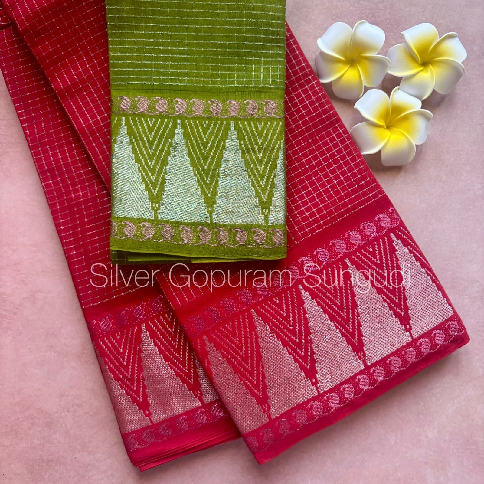 Gopuram Silver Sungudi Cotton Saree