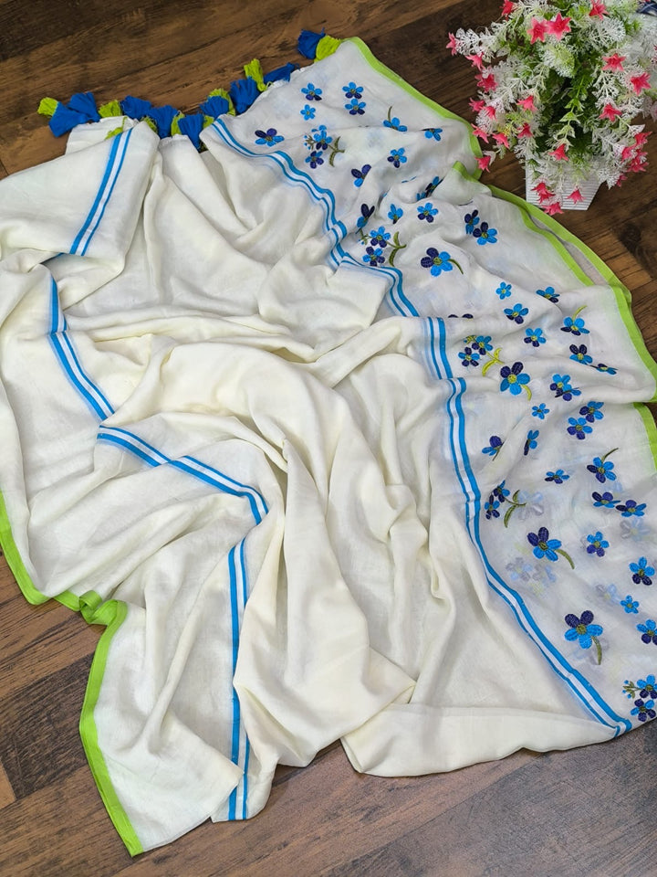 Flower Embroidery Work Mul Cotton Saree