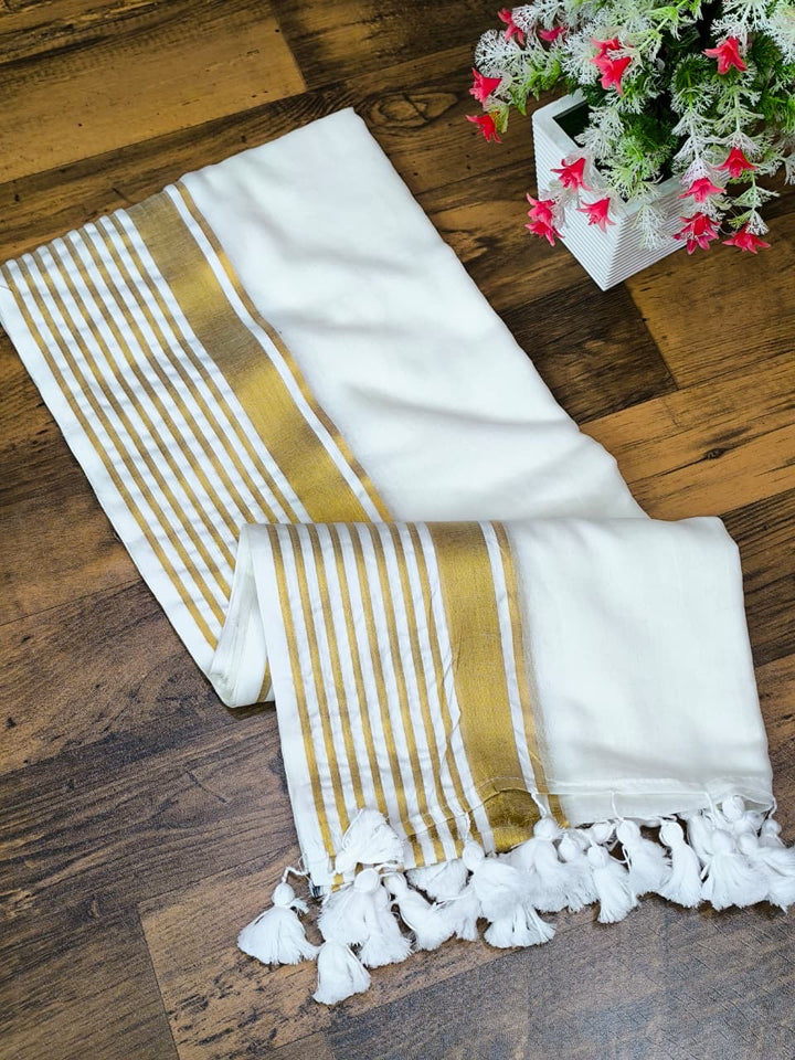 Onam Halfwhite Mul Cotton Saree With Golden Zari Border
