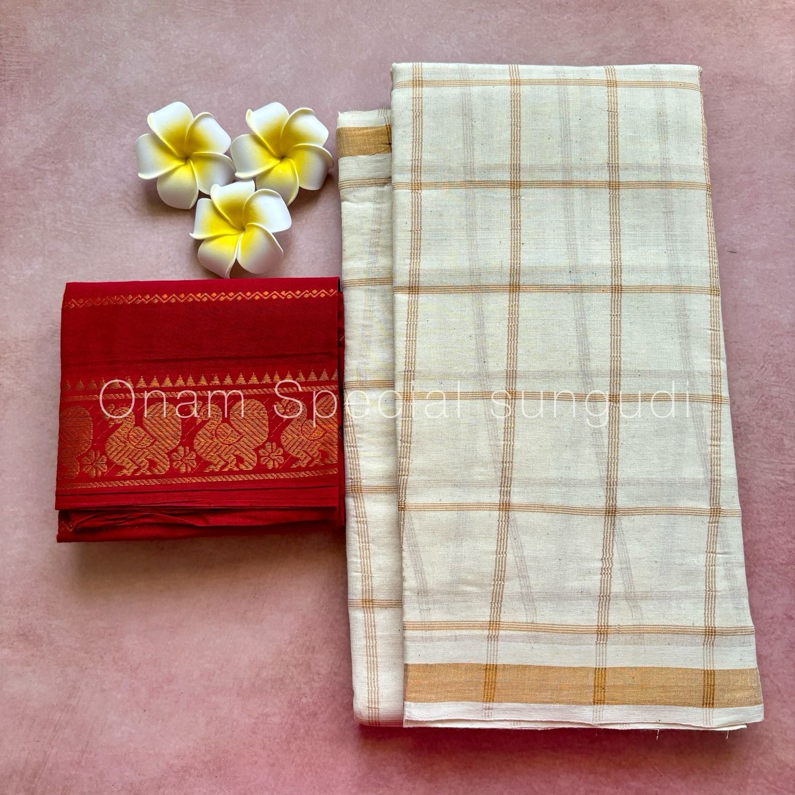 Onam Halfwhite Vanaja Kattam Sungudi Cotton Saree