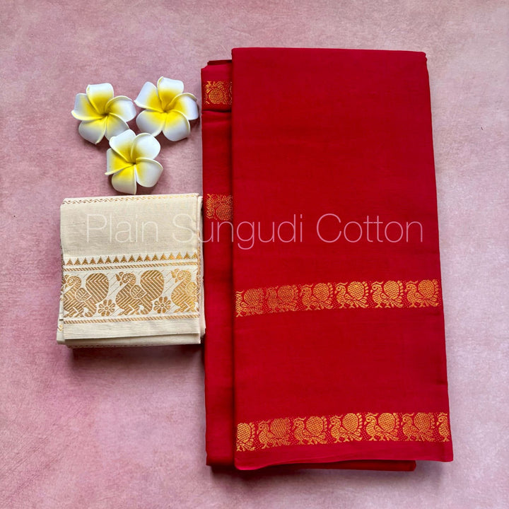 Red Rettapetta Plain Sungudi Cotton Saree