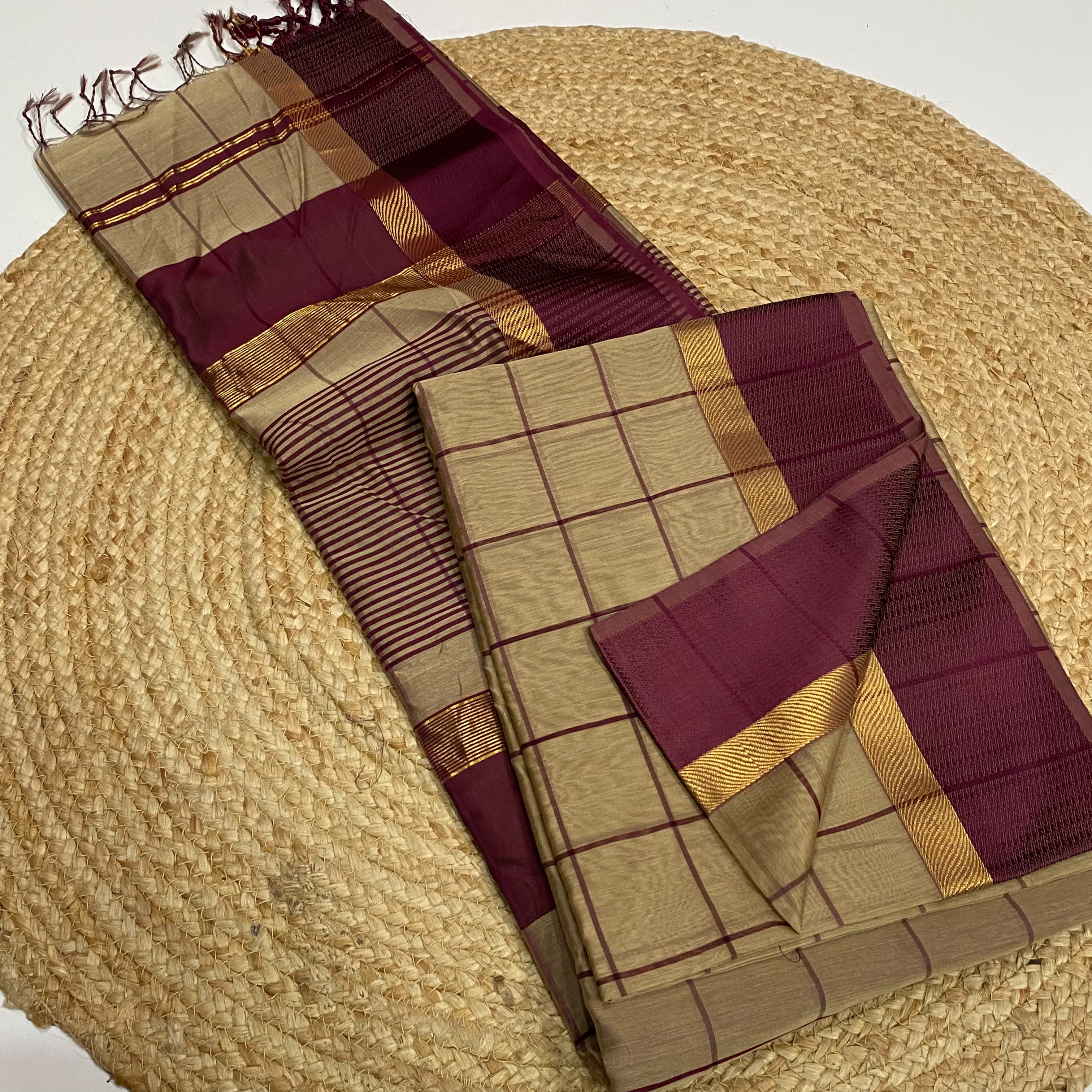Beige With Wine Maheshwari Silk Cotton Saree