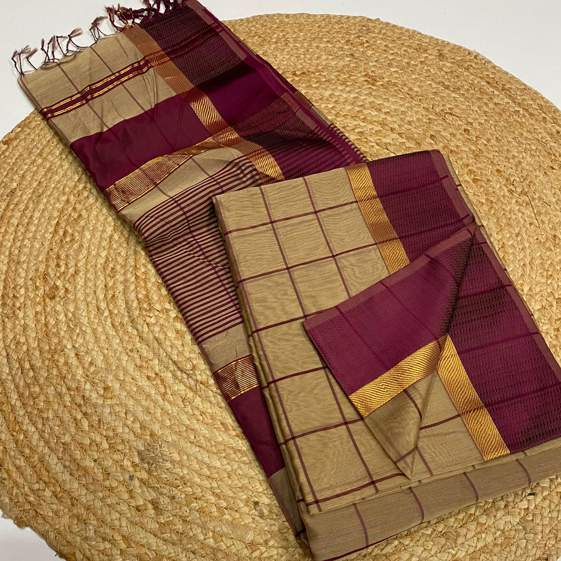 Beige With Wine Maheshwari Silk Cotton Saree