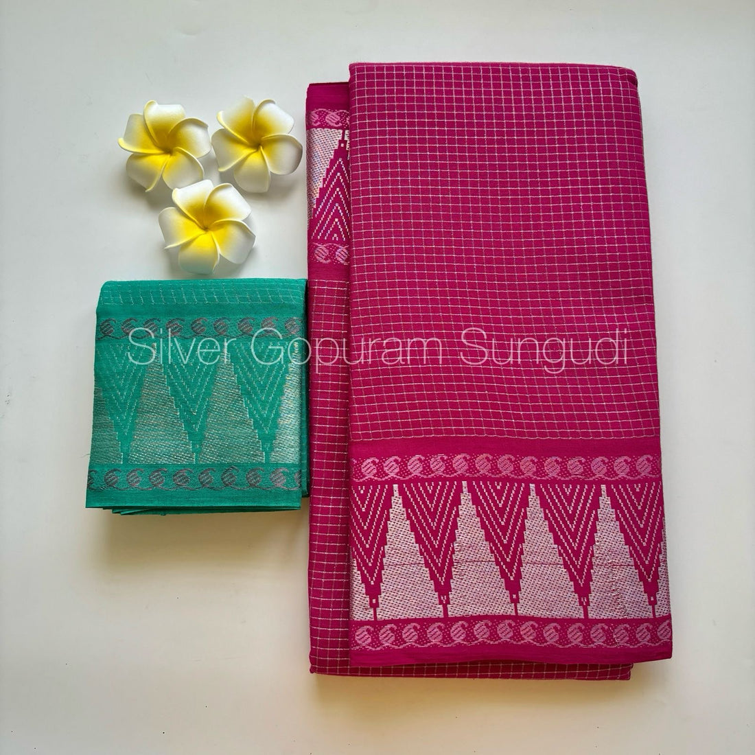 Gopuram Silver Sungudi Cotton Saree
