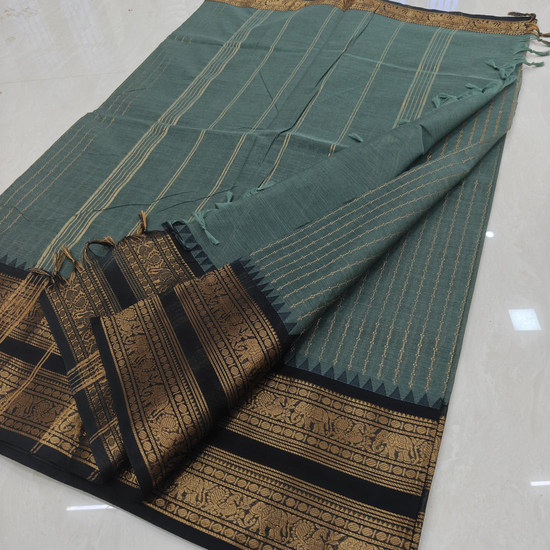 Steel Teal color with Black Border Vairaoosi Kanchi Cotton Saree