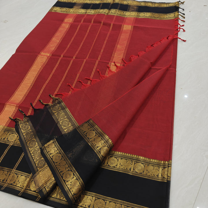 Red Kanchi Cotton Plain Saree