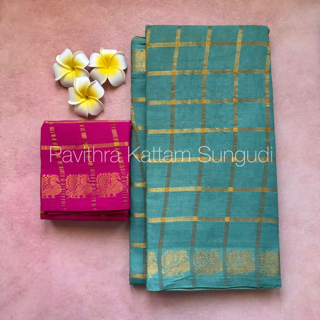 Seagreen Pavithra Kattam Sungudi Cotton Saree