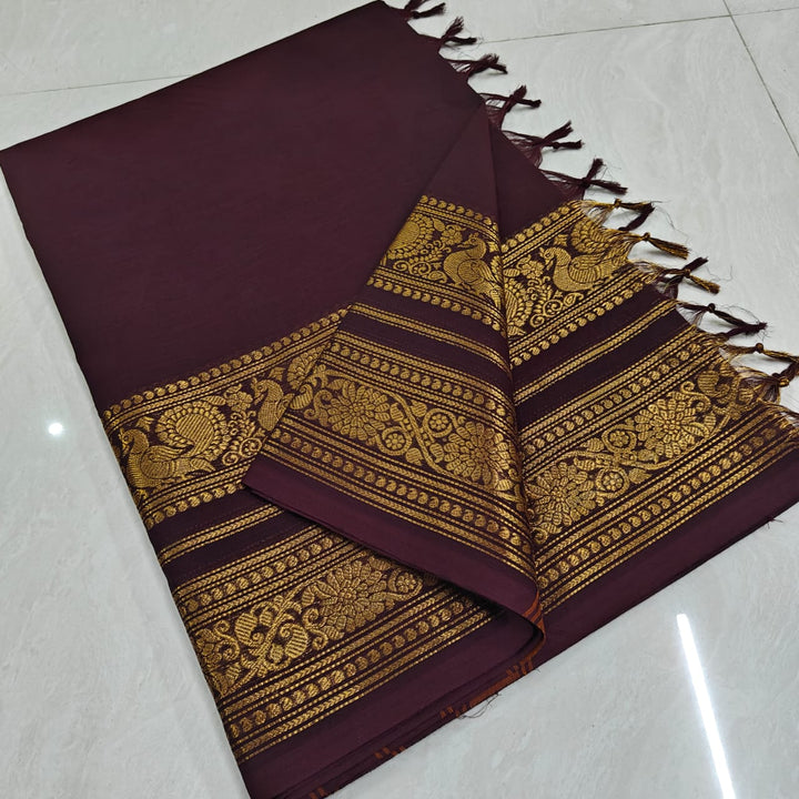 Brown Kanchi Cotton With Peacock Border