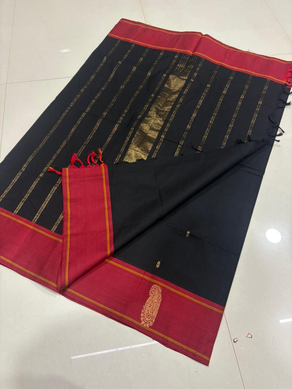 Black With Red Butta Kanchi Cotton Saree