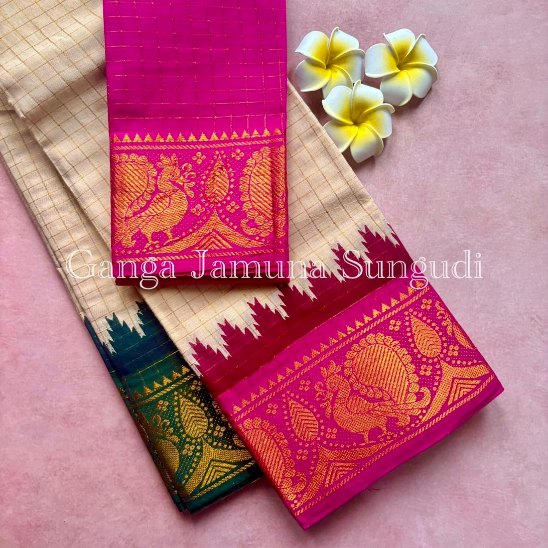 Halfwhite Sungudi Cotton Saree With Pink and Green Ganga Jamuna Border