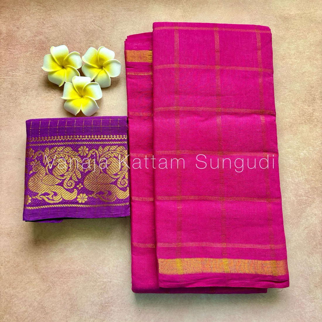 Pink Vanaja Kattam Sungudi Cotton Saree