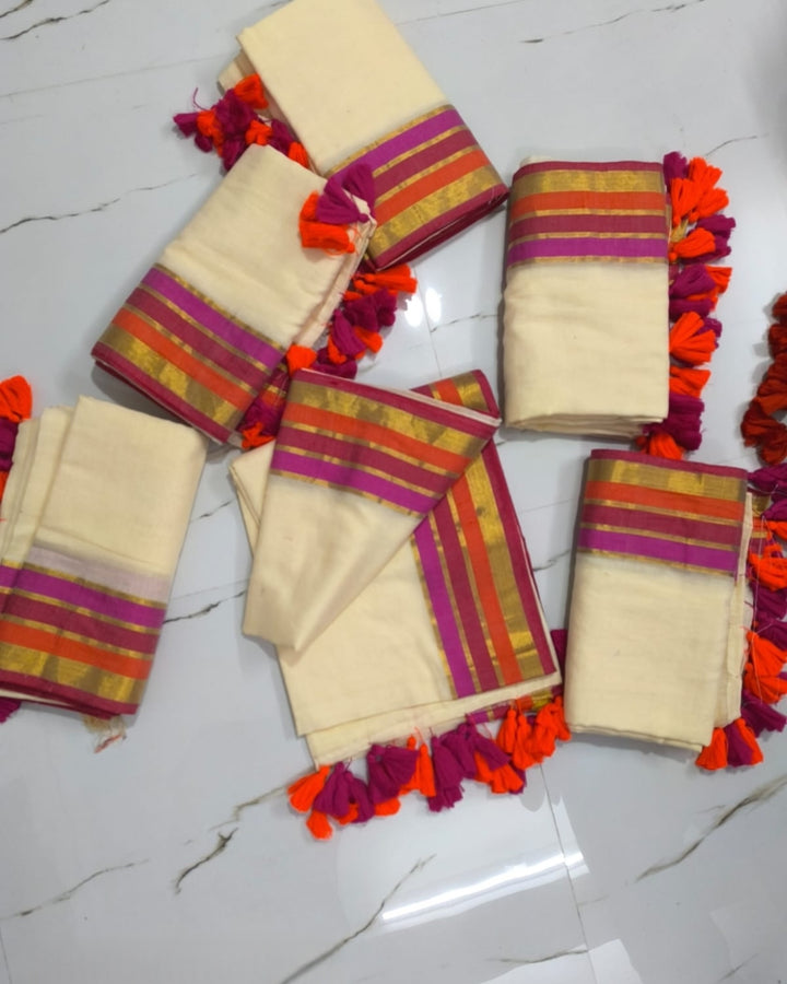 Tri Color Border Onam Mul Cotton Saree