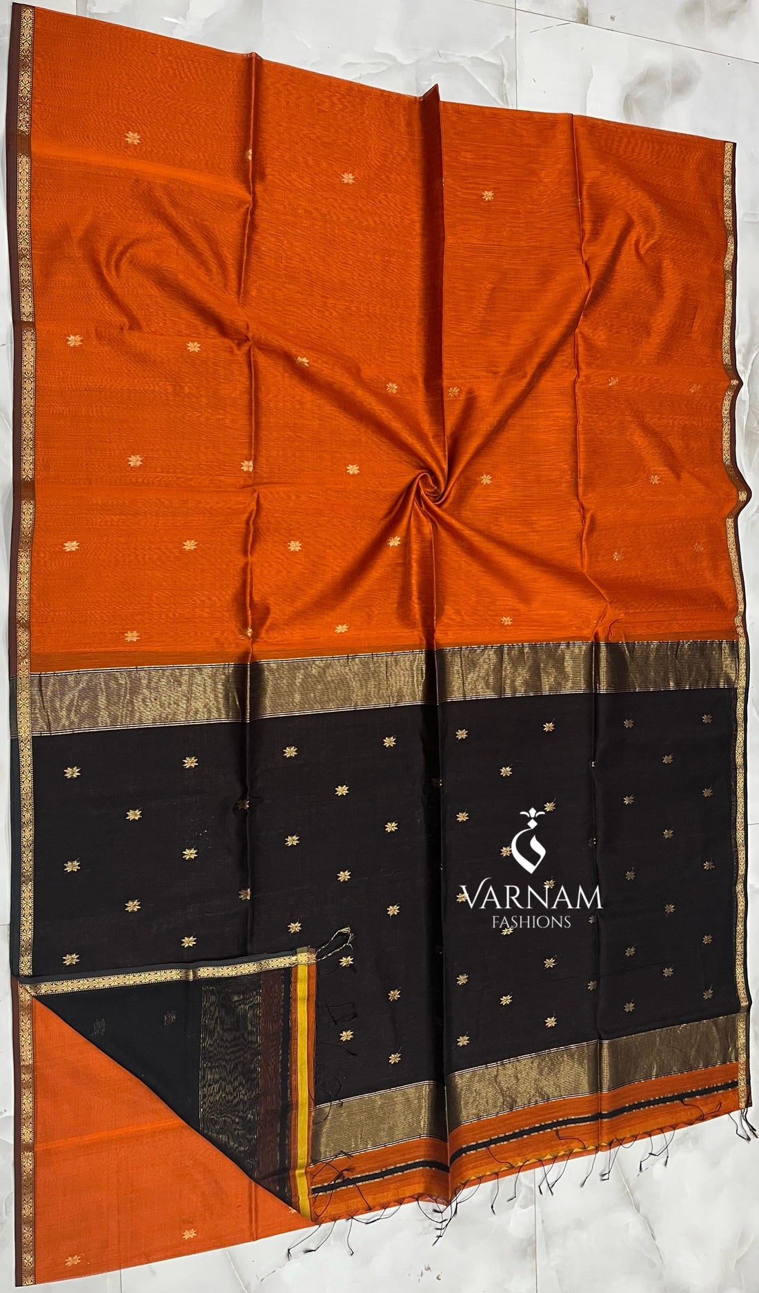 Orange With Black Maheshwari Silk Cotton Saree