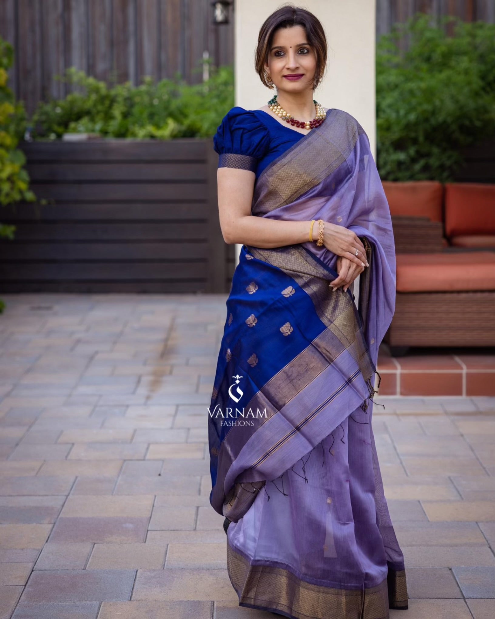 Lavender With Blue Maheshwari Silk Cotton Saree