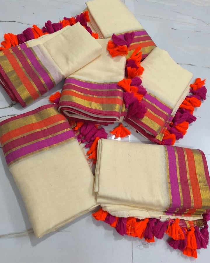 Tri Color Border Onam Mul Cotton Saree