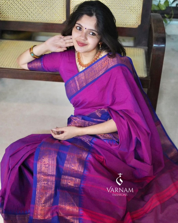 Purple Copper Zari Border Kanchi Cotton Saree