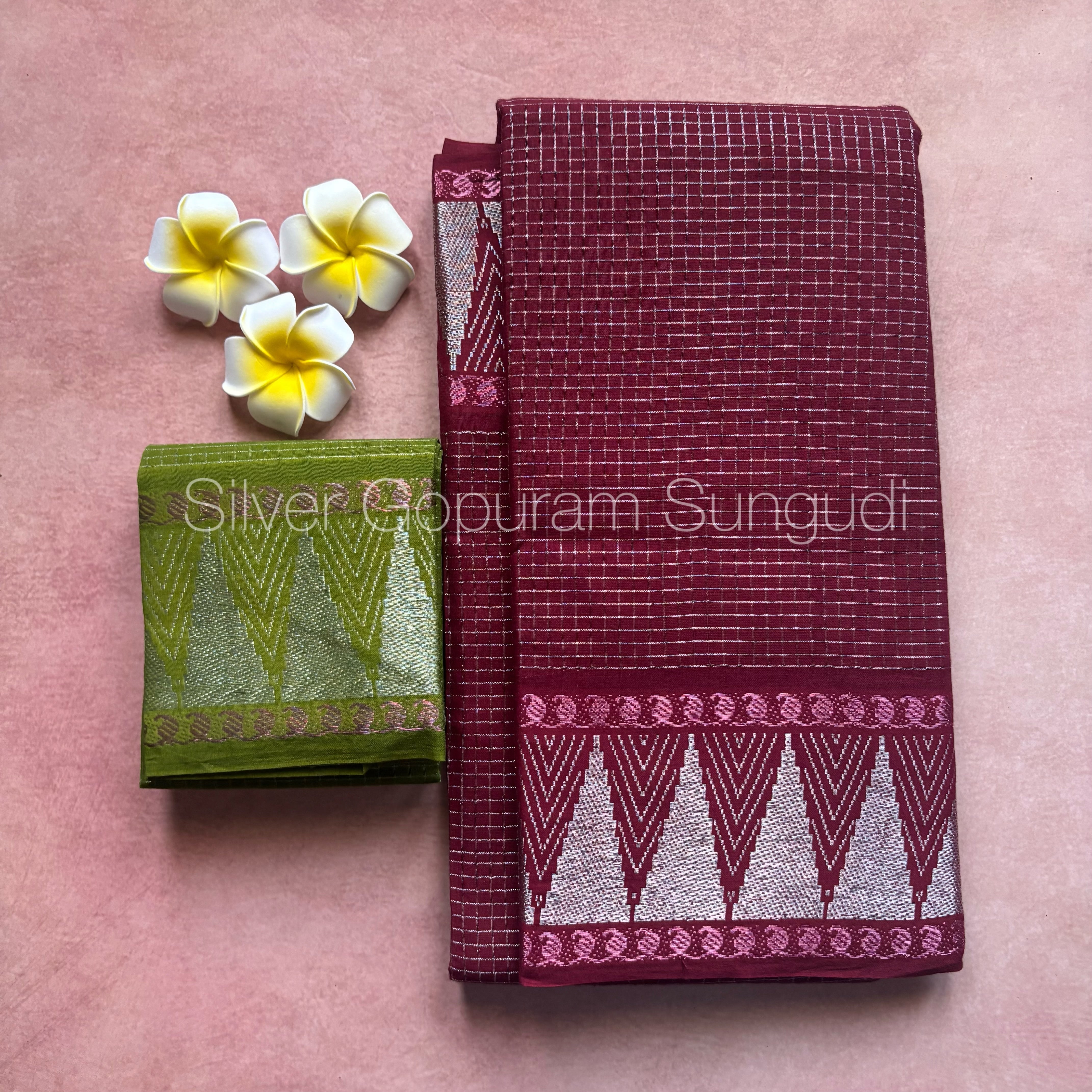 Gopuram Silver Sungudi Cotton Saree