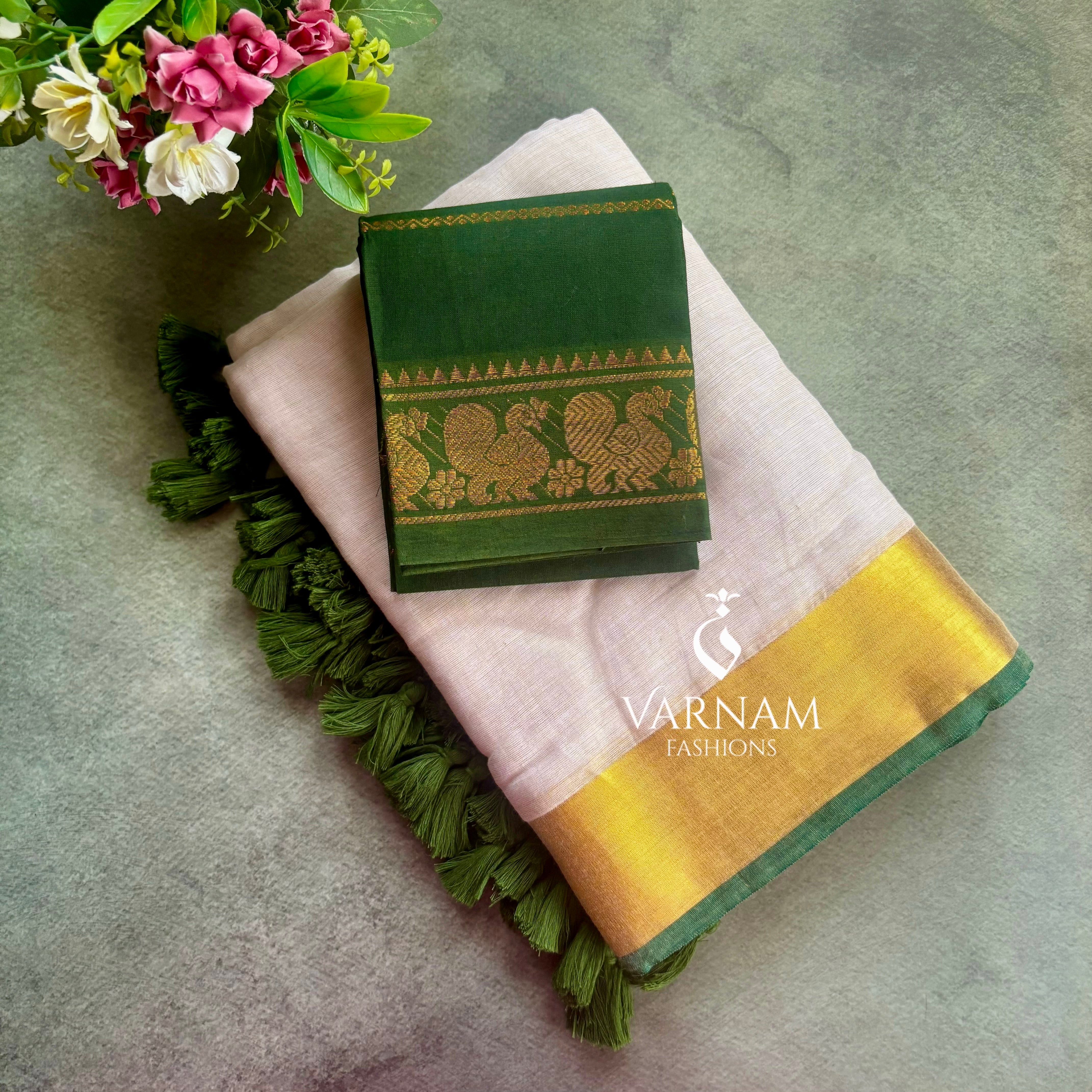 Onam Mul Cotton Saree With Golden Zari Border