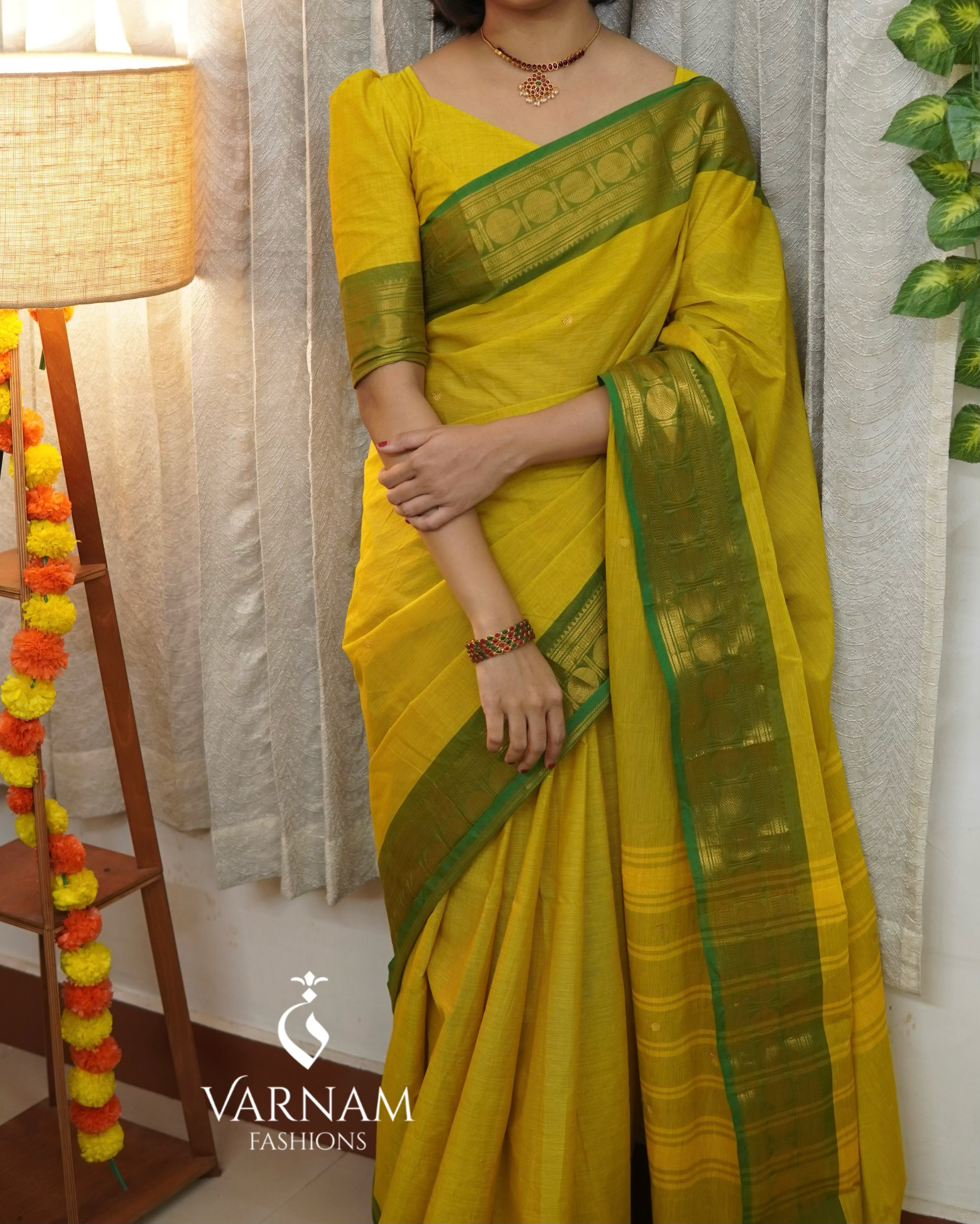 Yellow With Green Border Kanchi Cotton Saree