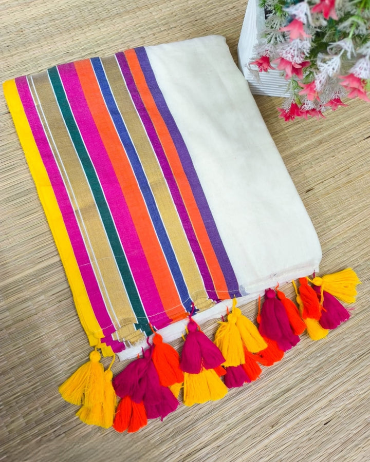 Multi Color Border Onam Mul Cotton Saree