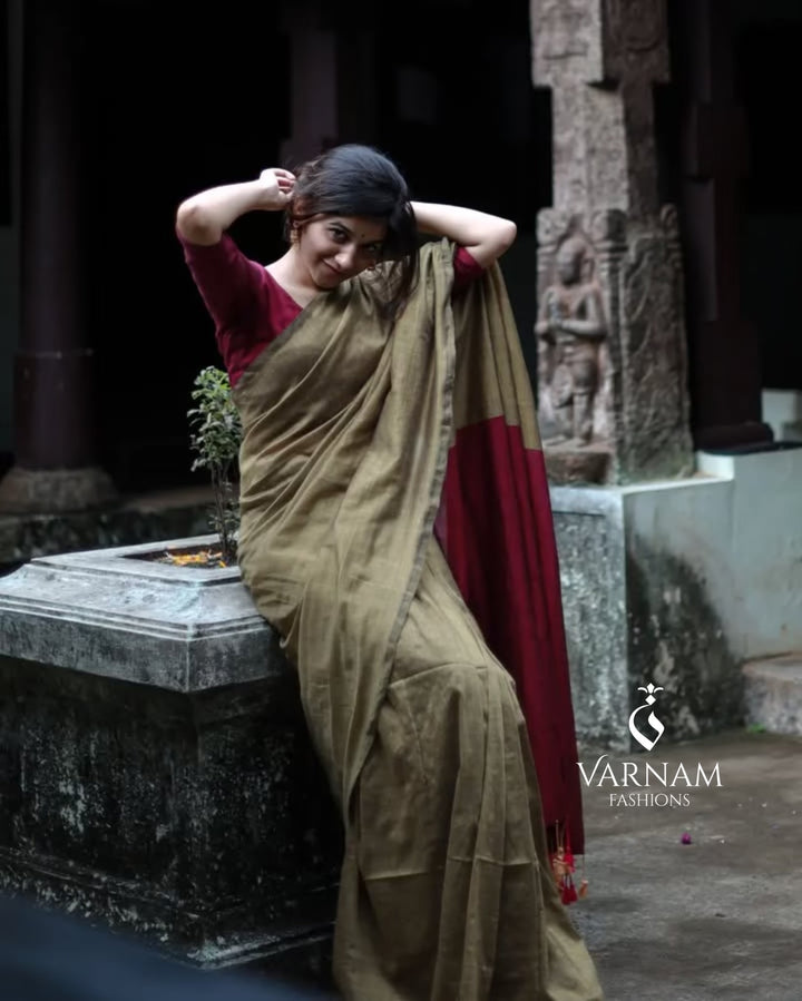 Olive With Pink Khadi Cotton Saree