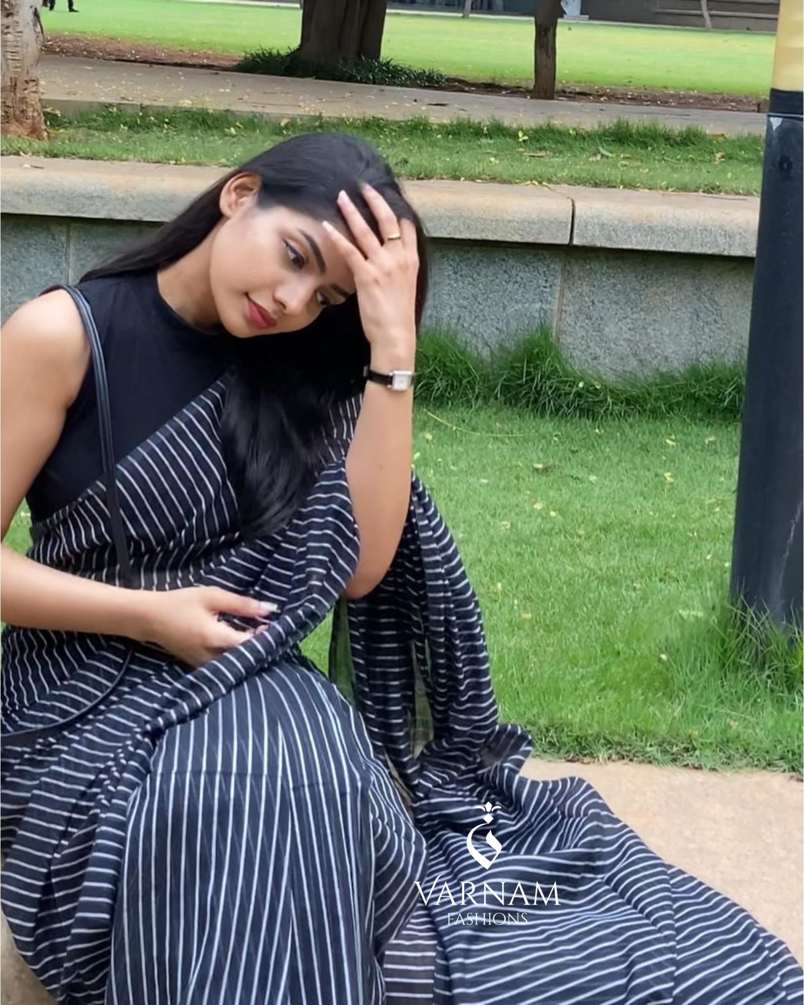 Black Mul Cotton Stripes Saree