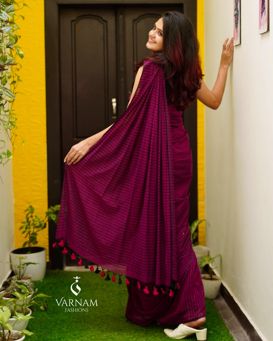 Wine Mul Cotton Stripes Saree