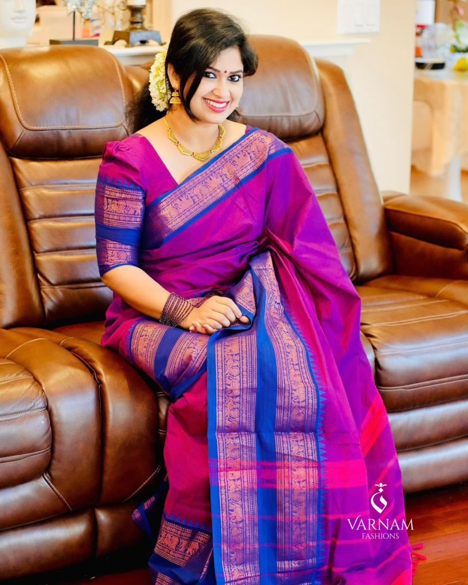 Purple Copper Zari Border Kanchi Cotton Saree