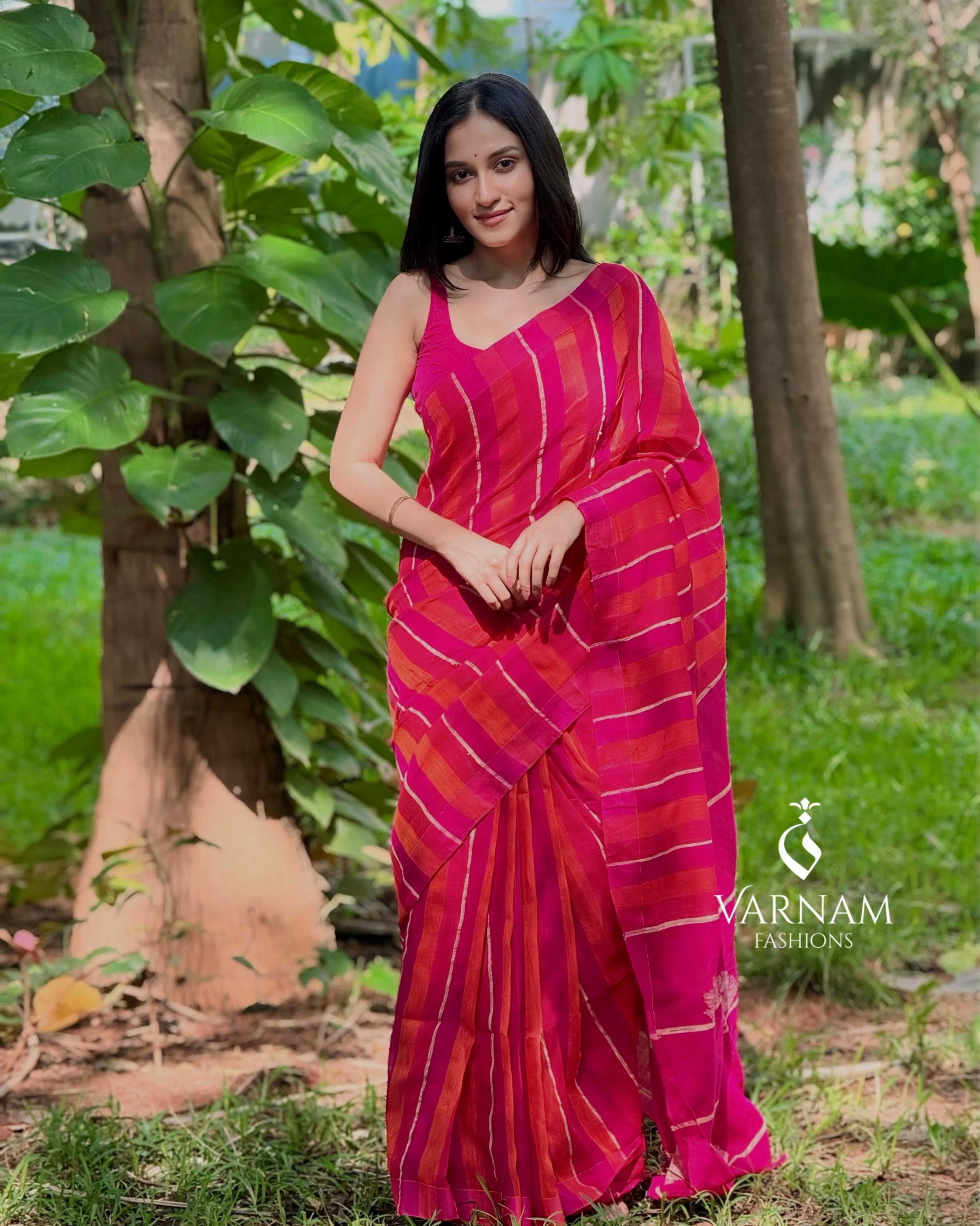 Pink And Orange Organic Linen Saree