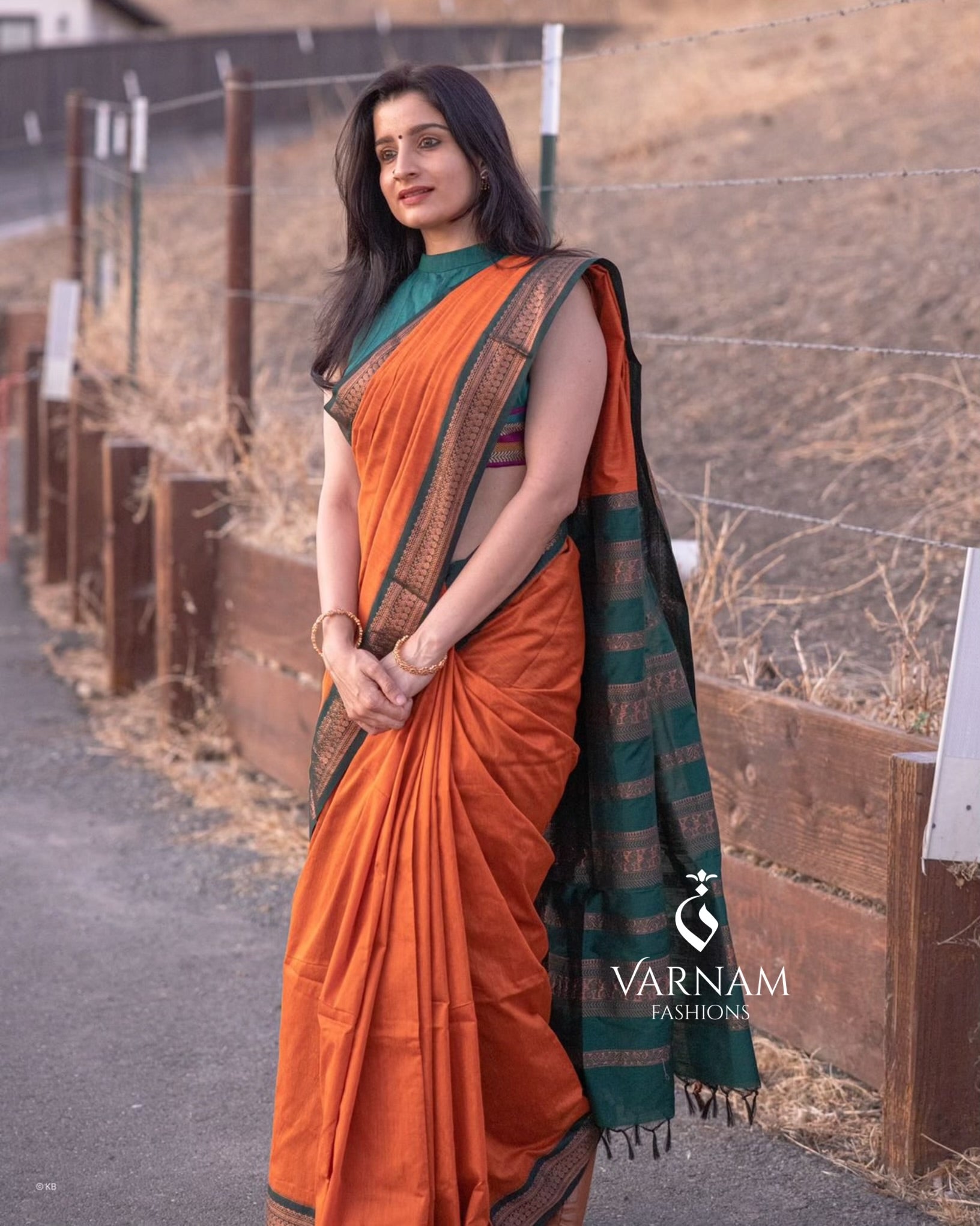 Orange With Green Kalyani Cotton Saree