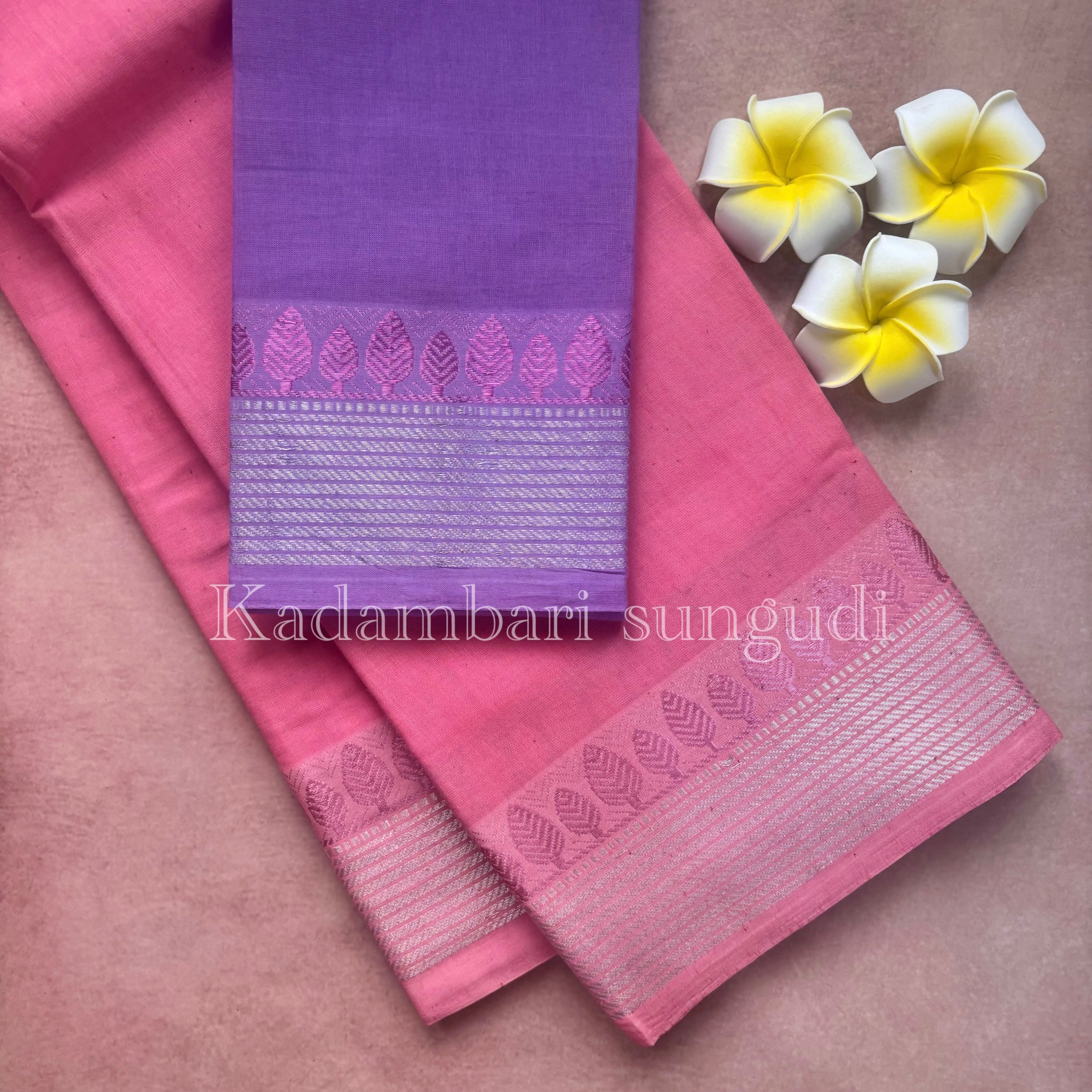 Kadambari Silver & Pink Zari Sungudi Cotton Saree