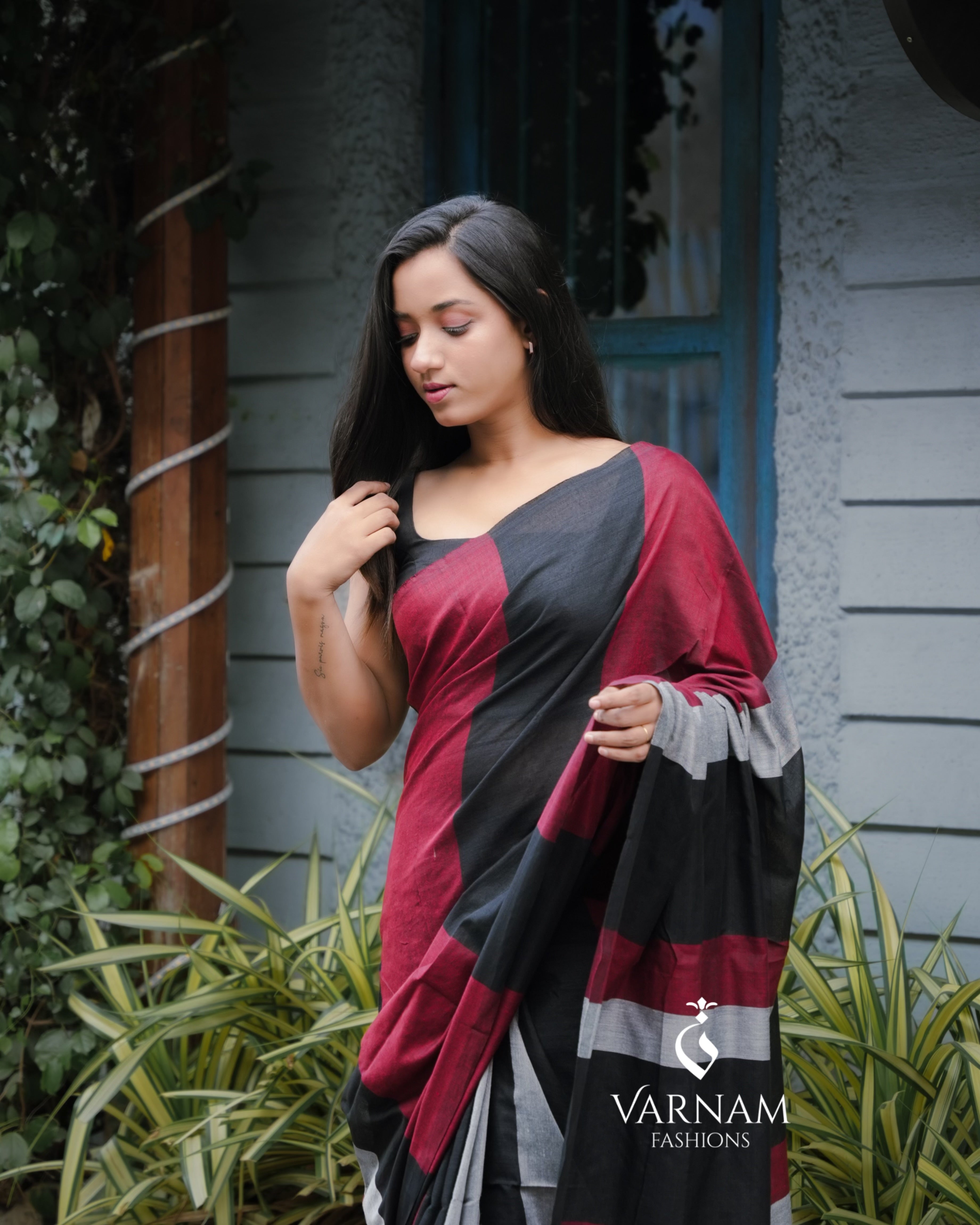Black Multi Shade Khadi Cotton Saree