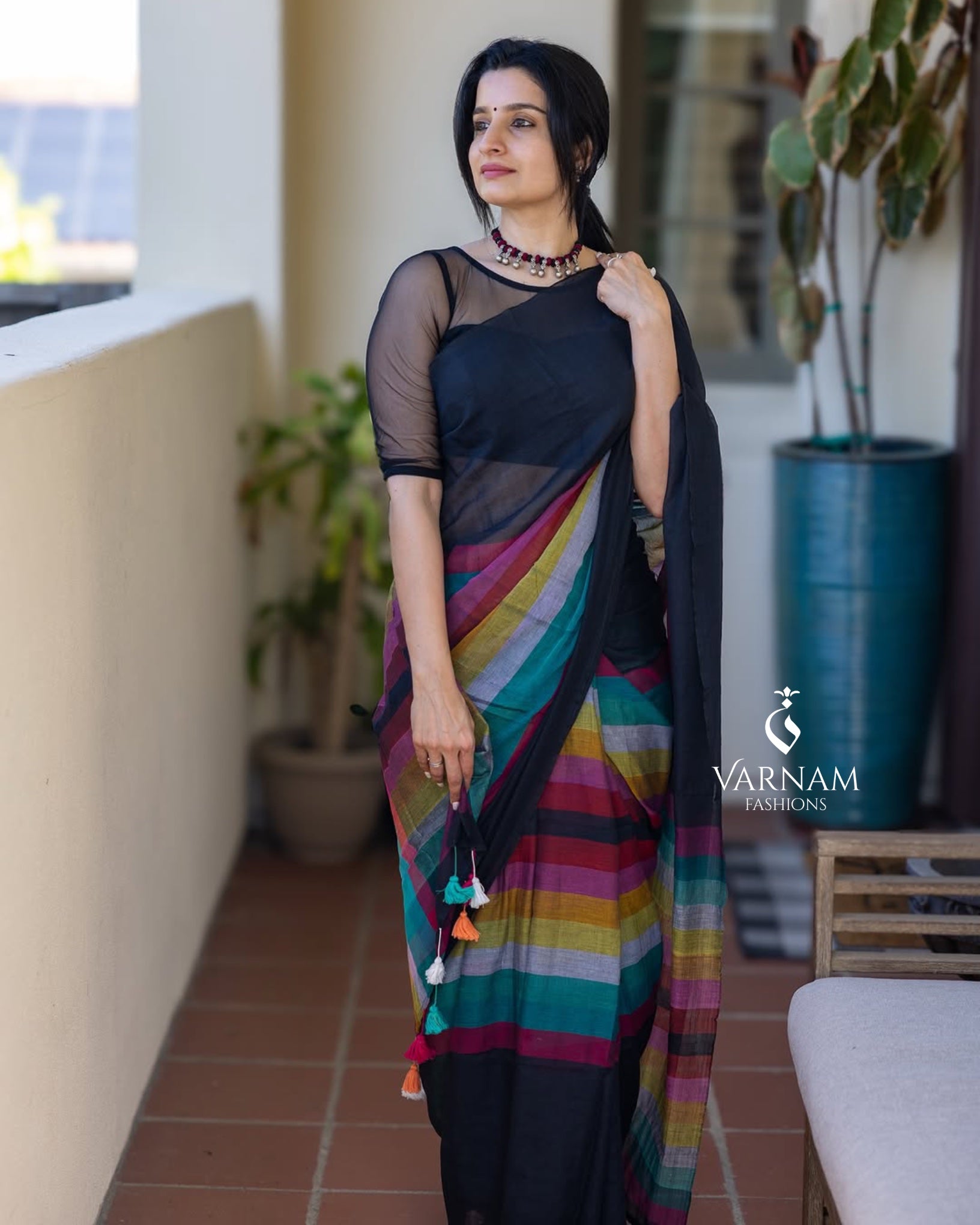 Black Rainbow Mul Cotton Saree