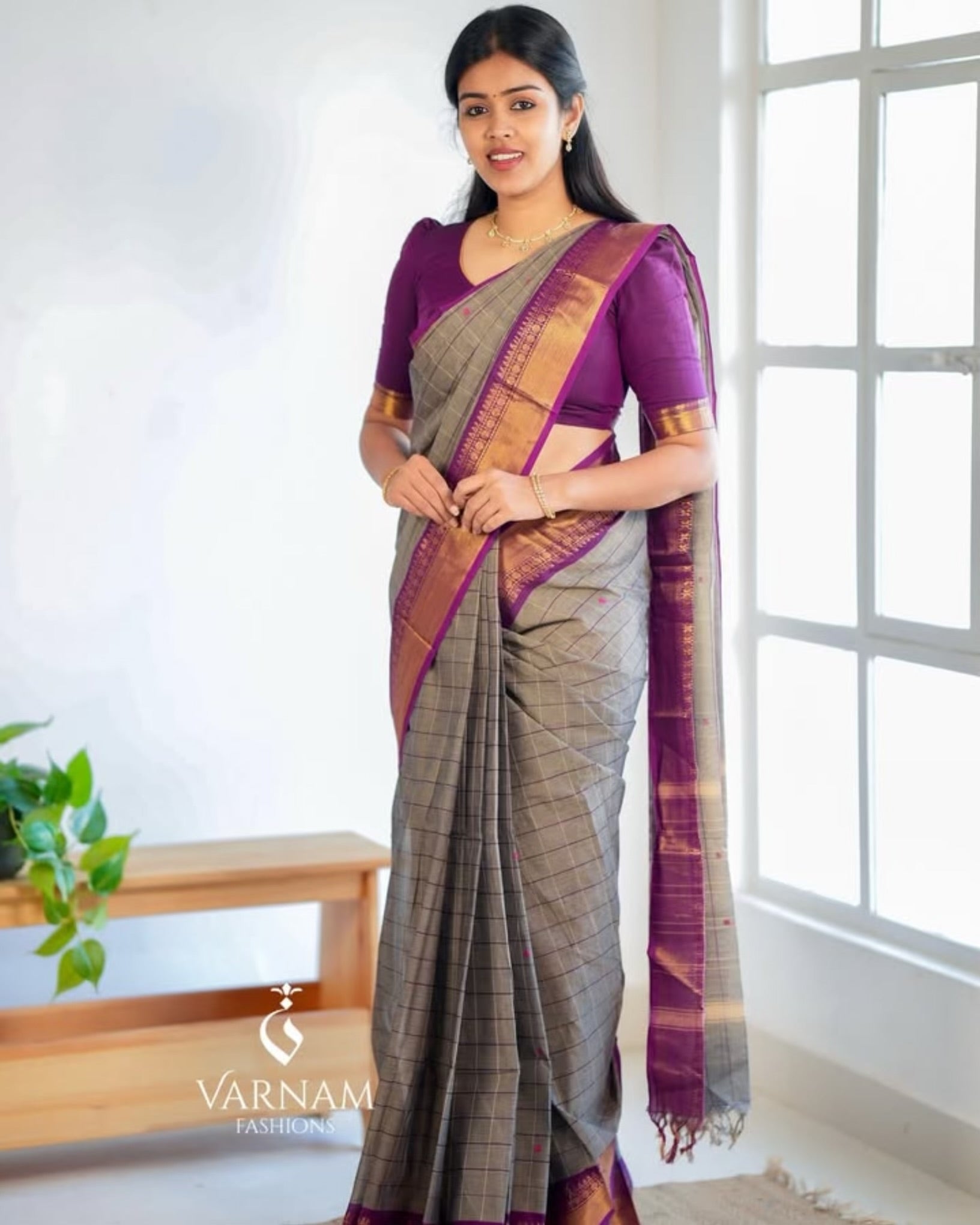 Grey With Magenta Kanchi Cotton Saree