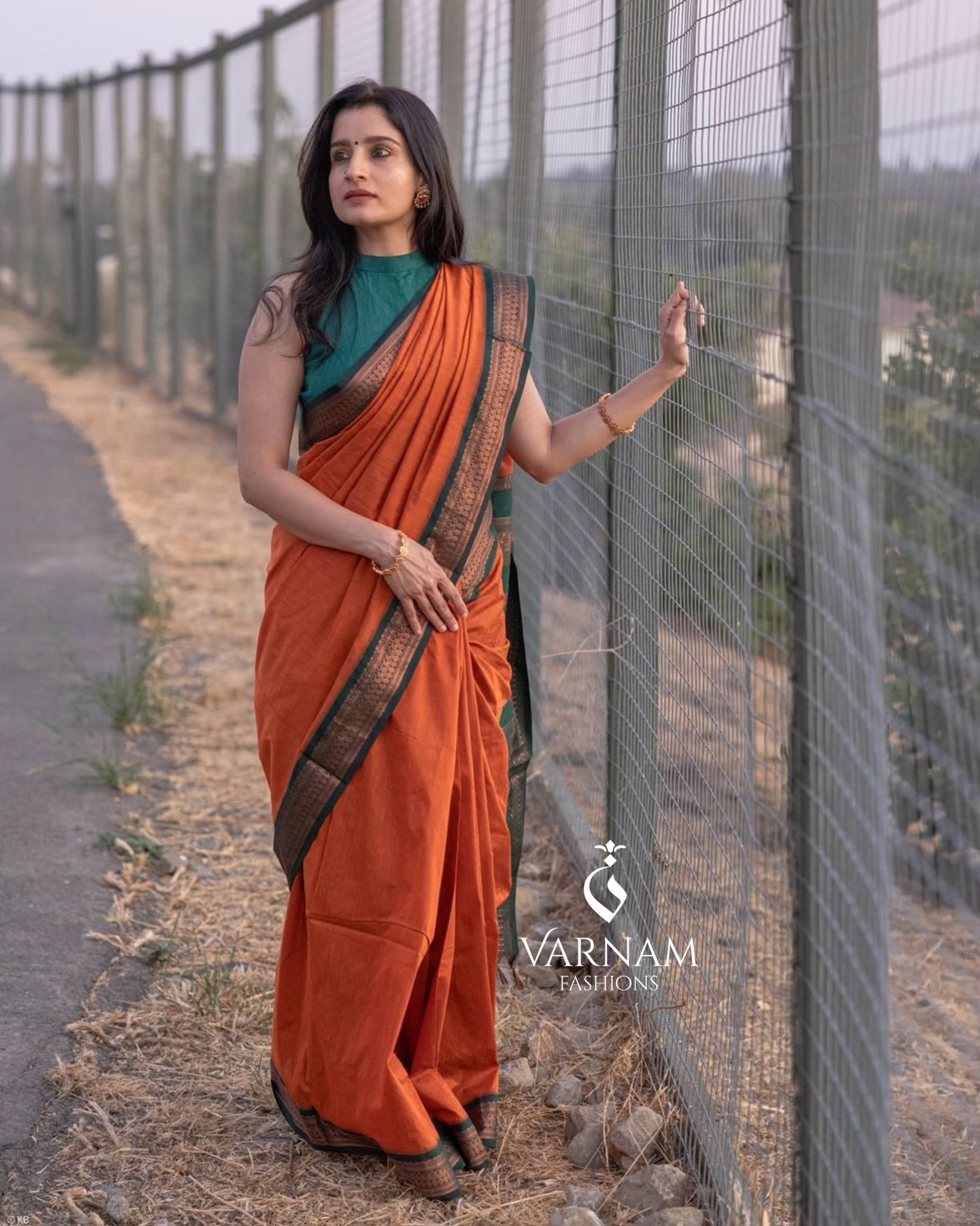 Orange With Green Kalyani Cotton Saree